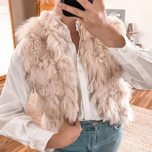 Jules Reid 100% Rabbit Fur Cream Designer Hand Made Boho Classic Fur Open Vest M